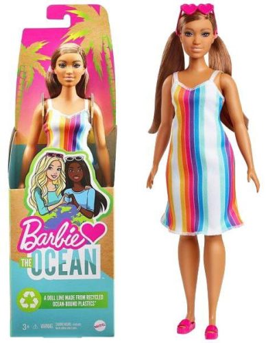 Barbie - Loves the Ocean 50. évfordulós barna hajú baba szivárvány mintás ruhában