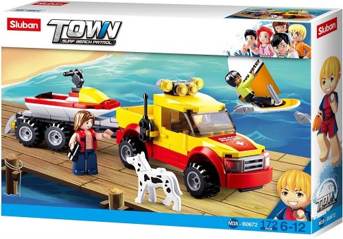 Sluban Town Surf Beach Patrol - Vizimentő terepjáró utánfutóval építőjáték készlet