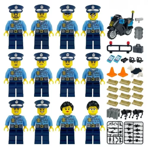 Rendőrség építőjáték figura szett - 12 db rendőrfigura számos kiegészítővel, 1 db motorkerékpárral