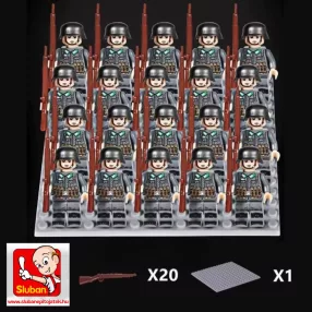   Katonai építőjáték figura szett - 20 db német világháborús katona figura kiegészítőkkel, 1 db alaplappal