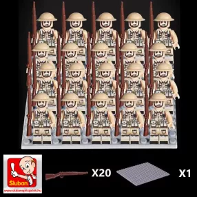   Katonai építőjáték figura szett - 20 db angol világháborús katona figura kiegészítőkkel, 1 db alaplappal