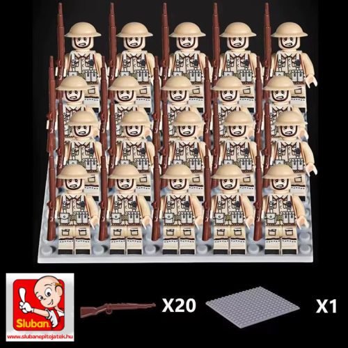 Katonai építőjáték figura szett - 20 db angol világháborús katona figura kiegészítőkkel, 1 db 15x15 cm-es alaplappal