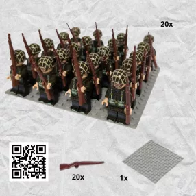   Katonai építőjáték figura szett - 20 db amerikai világháborús katona figura kiegészítőkkel, 1 db alaplappal