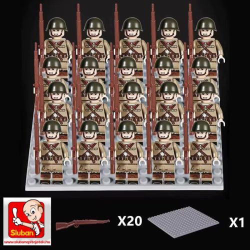 Katonai építőjáték figura szett - 20 db amerikai világháborús katona figura kiegészítőkkel, 1 db 15x15 cm-es alaplappal