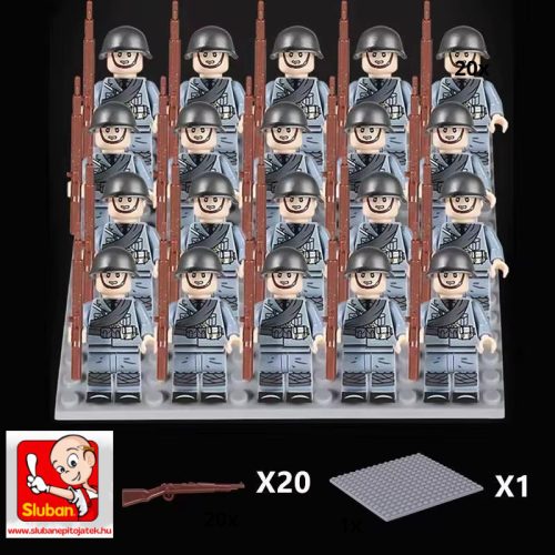 Katonai építőjáték figura szett - 20 db olasz világháborús katona figura kiegészítőkkel, 1 db 15x15 cm-es alaplappal