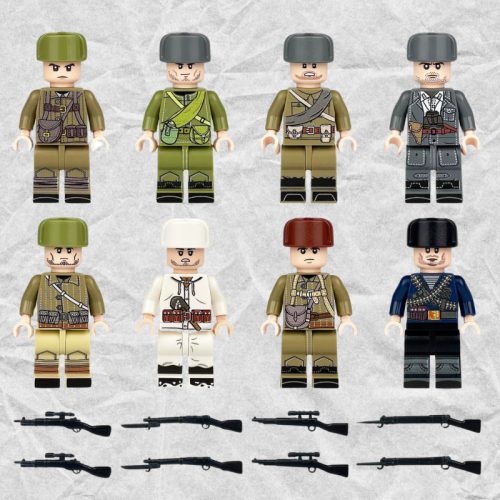 Katonai építőjáték figura szett - 8 db különböző világháborús orosz katonafigura kiegészítőkkel