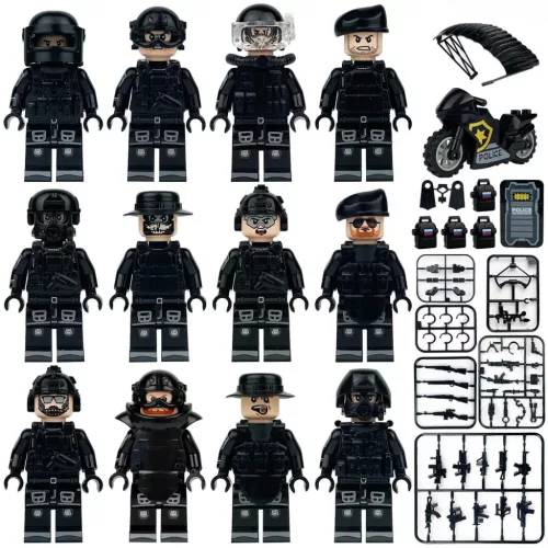 12 darab különleges bevetési egység építőjáték figura, számos kiegészítővel, motorkerékpárral