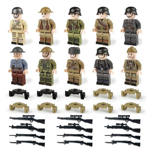 Katonai építőjáték figura szett - 10 db különböző második világháborús katonafigura számos kiegészítővel
