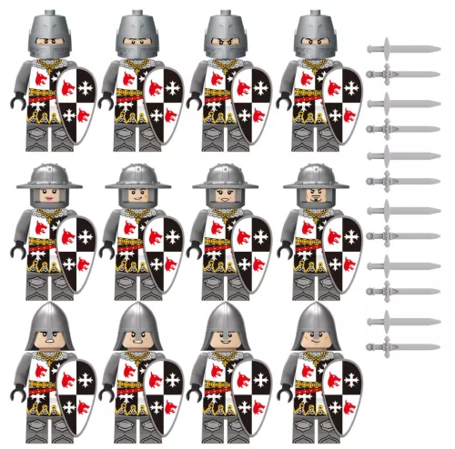 Középkori lovagok építőjáték figura szett - 12 db középkori szürke páncélos lovag pajzzsal és karddal