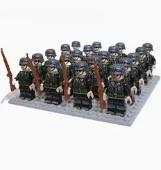 Katonai építőjáték figura szett - 20 db világháborús német gyalogos katona, kiegészítőkkel, 1 db alaplappal