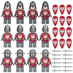   Középkori lovagok építőjáték figura szett - 12 db középkori páncélos lovag pajzzsal és karddal, piros
