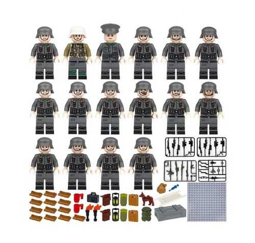 Katonai építőjáték figura szett - 16 db világháborús német katona, számos kiegészítővel, 1 db alaplappal