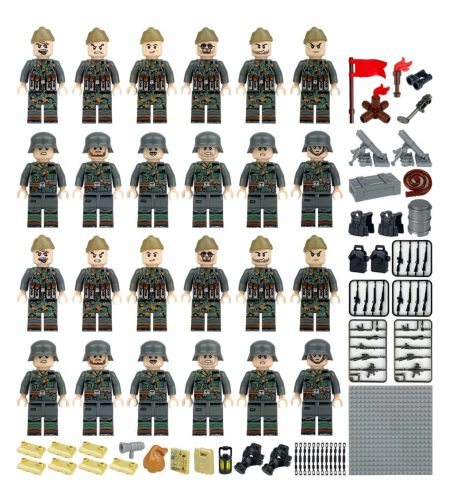 Katonai építőjáték figura szett - 24 db világháborús katona, számos kiegészítővel, 1 db alaplappal