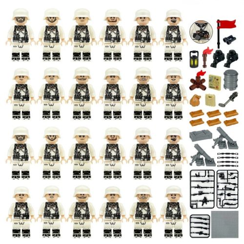 Katonai építőjáték figura szett - 24 db világháborús német hegyivadász katona, számos kiegészítővel, 1 db alaplappal