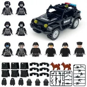   SWAT építőjáték készlet 12 db rendőrfigurával, 2 db kutyafigurával, 1 db SWAT dzsippel és számos kiegészítővel