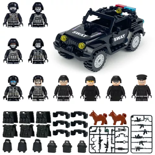 SWAT építőjáték készlet 12 db rendőrfigurával, 2 db kutyafigurával, 1 db SWAT dzsippel és számos kiegészítővel