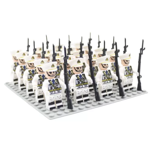 Amerikai haditengerészet építőjáték figura készlet. 24 db építőjáték figura 1 db, 12x12 cm-es, szürke alaplappal