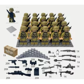   Második világháborús építőjáték figura készlet - 20 db Africa Corps építőjáték figura 176 db kiegészítővel, 1 db szürke alaplappal