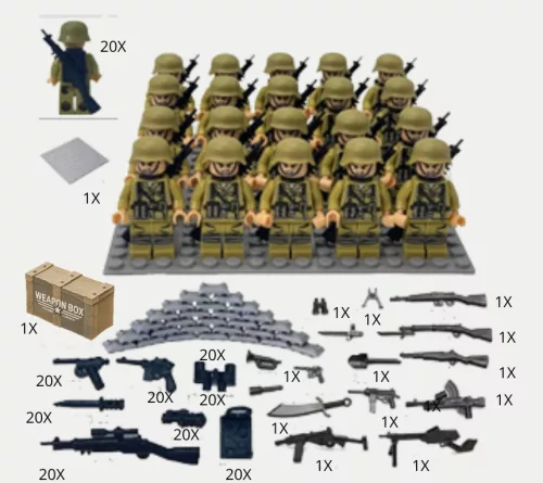 Második világháborús építőjáték figura készlet - 20 db Africa Corps építőjáték figura 176 db kiegészítővel, 1 db szürke alaplappal