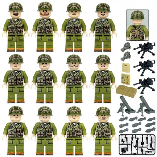 Második világháborús amerikai katona figura készlet - 12 db építőjáték figura kiegészítőkkel